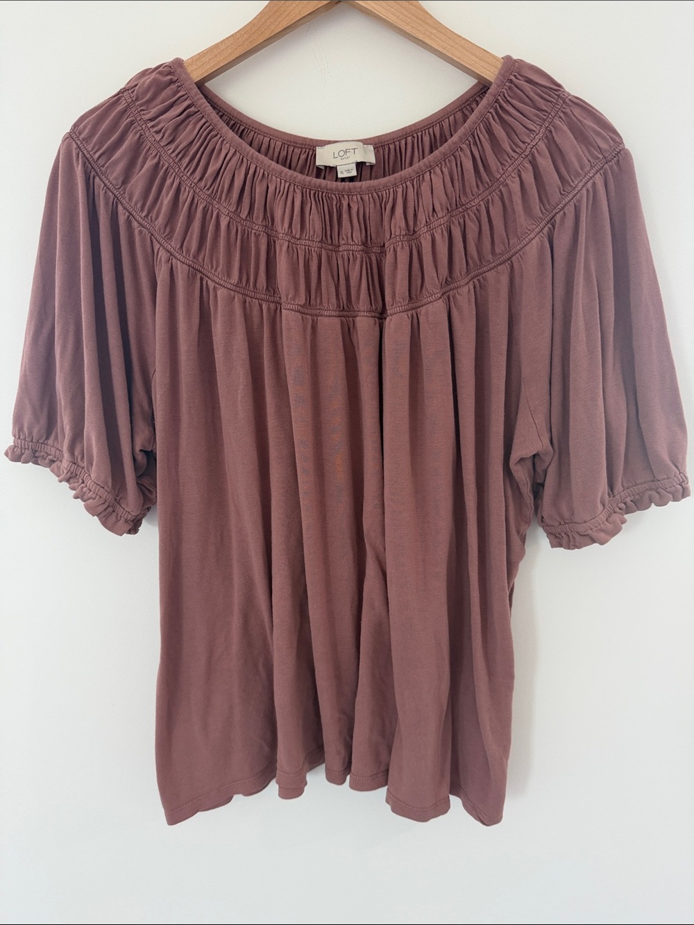 LOFT Mauve Smocked Yoke Short Sleeve Blouse Size XL
